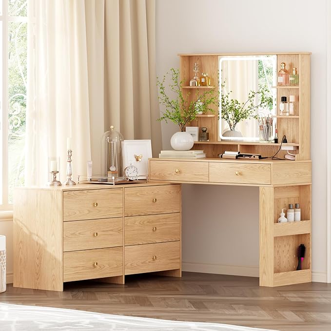 Makeup Vanity Desk with Mirror and Lights, Vanity Desk with 8 Drawers & Storage Shelves, Vanity Table with Power Outlet, 3 Color Modes & Adjustable Brightness Dressing Table, Bedroom,Oak2