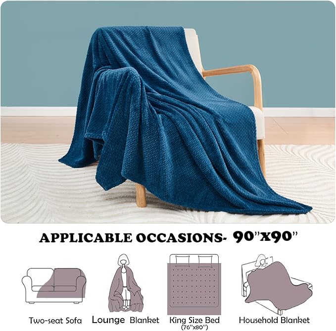 NEWCOSPLAY Super Soft Queen Blanket Navy Blue Premium Silky Flannel Fleece Leaves Pattern Lightweight Bed Blanket All Season Use (Navy Blue, Queen(90"x90"))