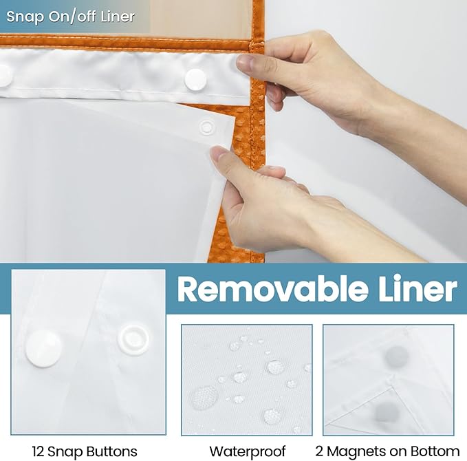 Burnt Orange No Hook Shower Curtain with Snap in Liner,230GSM Waffle Weave Shower Curtains for Bathroom,71W x 74H