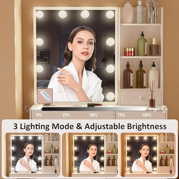 Vanity Desk with Mirror, Lights Bulbs and 10 Lights Makeup Vanity Table with 6 Drawers and 6 Storage Shelves, 3 Color Modes Available for Bedroom Dressing Room, White