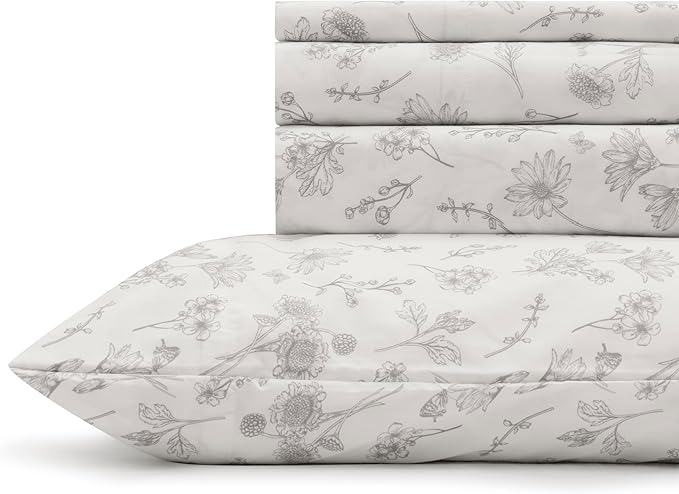 Linen Home 100% Cotton Printed Percale Sheets Queen Size, Deep Pocket, 4 Pieces Set - 1 Flat, 1 Deep Pocket Fitted Sheet and 2 Pillowcases, Crisp Cool and Strong Bed Linen, Grey Botanical Floral