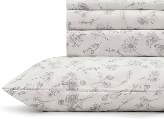 Linen Home 100% Cotton Printed Percale Sheets Queen Size, Deep Pocket, 4 Pieces Set - 1 Flat, 1 Deep Pocket Fitted Sheet and 2 Pillowcases, Crisp Cool and Strong Bed Linen, Grey Botanical Floral