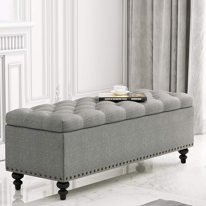 HUIMO Button-Tufted Ottoman with Storage in Upholstered Fabrics, Large Storage Bench for Bedroom, Living Room, Entryway, Bench with Safety Hinge Hold Up to 300lbs (Grey-Rivets)