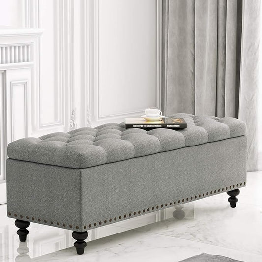 HUIMO Button-Tufted Ottoman with Storage in Upholstered Fabrics, Large Storage Bench for Bedroom, Living Room, Entryway, Bench with Safety Hinge Hold Up to 300lbs (Grey-Rivets)