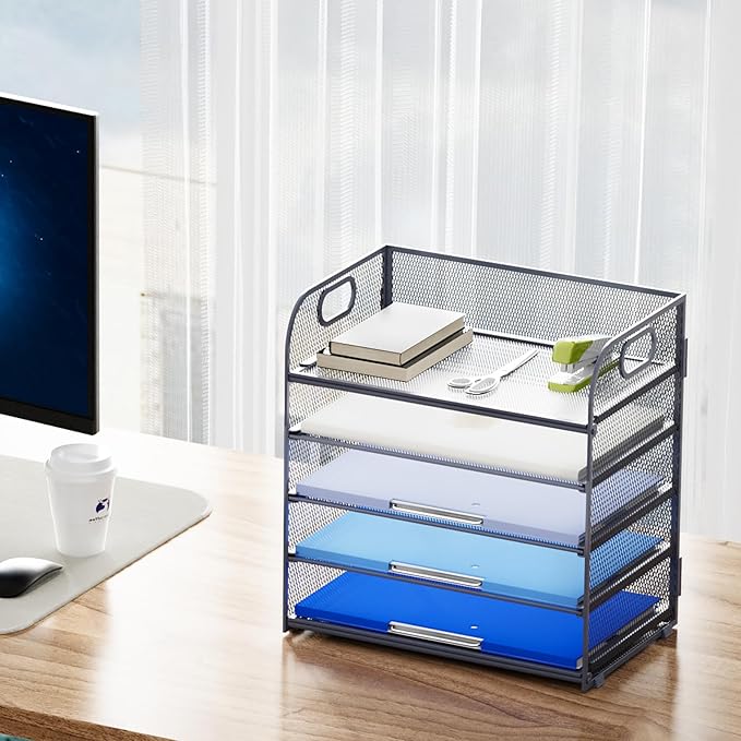 Marbrasse Paper Organizer Letter Tray, 5 Tier Mesh File Organizer with Handle, Paper Sorter Desk Organizer for Home Office Supplies - Grey