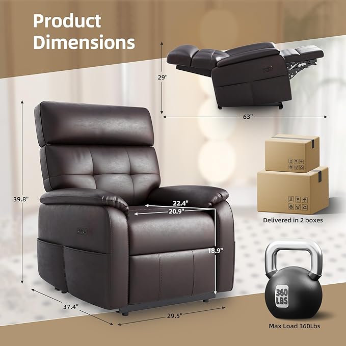Claiks Zero Gravity Recliner Chair, Oversized Reclining Chair for Adults, Adjustable Electric Reclining Sofa Lounge with USB&Type-C Ports, Side Pocket, for Living Room, PU Leather, Dark Brown