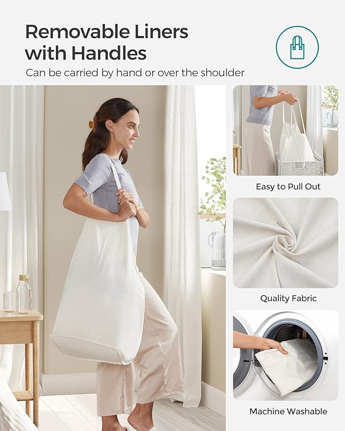 SONGMICS Laundry Hamper with Lid, 90L Clothes Hamper with 2 Removable Liner Bags, 6 Mesh Bags, Wicker Laundry Basket, Double Laundry Hamper for Bathroom, 13 x 18.1 x 23.6 Inches, White ULCB251W01V1