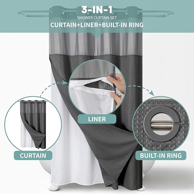 Charcoal Grey No Hook Waffle Weave Shower Curtain with snap-in Liner Replacement, 230GSM Waterproof Fabric Hotel Shower Curtain Set for Bathroom, Through Mesh Top Window,54Wx80H