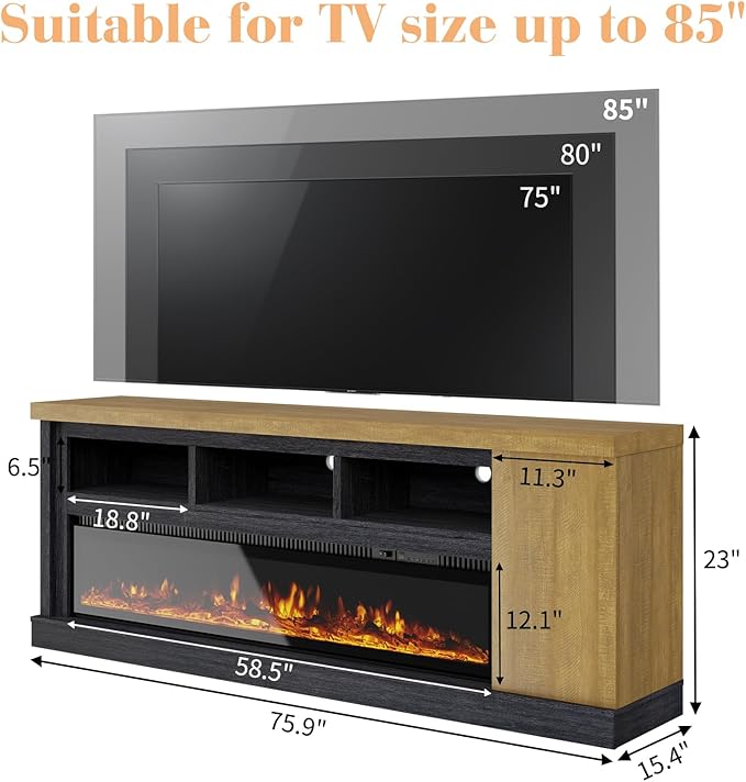 75” Fireplace TV Stand with 60” Electric Fireplace, Chunky Entertainment Center with Wood Grain, Color Clash Entertainment Stand for TVs up to 85”, Black&Brown