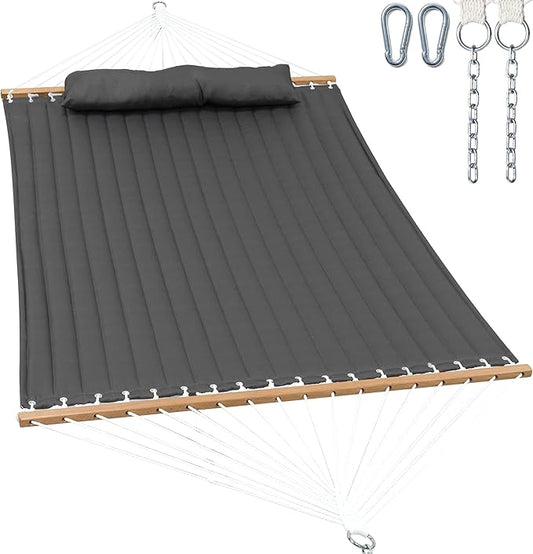 2 Person Hammocks for Outside, Double Quilted Fabric Outdoor Hammock with Spreader Bar, Large Removable Pillow, Storage Pockets, Carabiners, Max 475 lbs Capacity (Dark Grey)