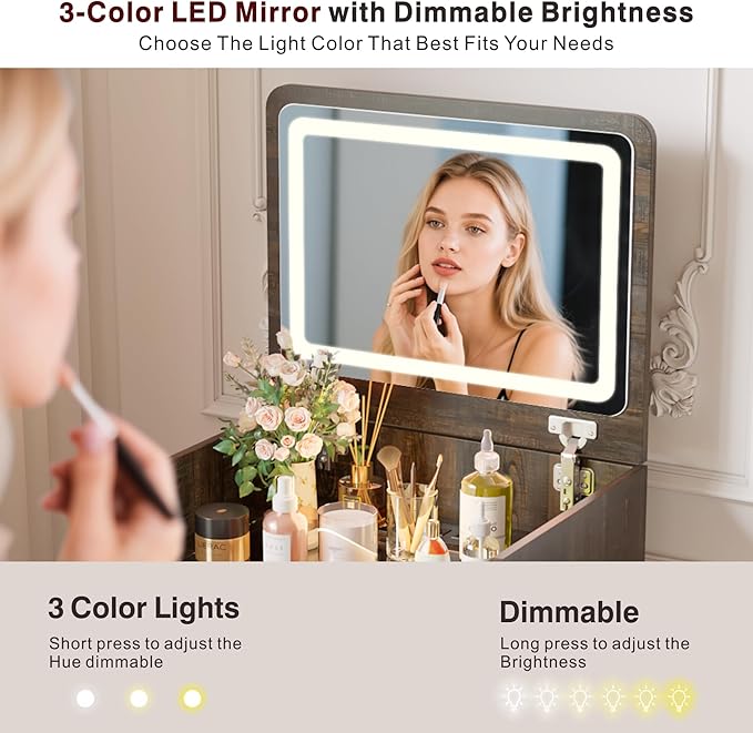 Lvifur 3 in 1 Vanity Desk with Flip Top Mirror and 3 Color Lights,Small Compact Vanity with Charging Station,Glass Top Makeup Vanity with 3 Drawers,Rolling Cushioned Stool