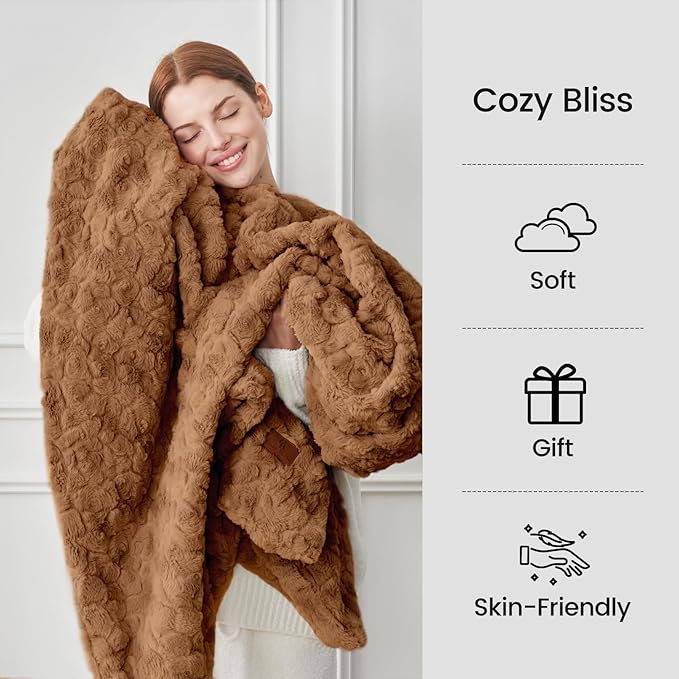 Cozy Bliss Faux Fur Throw Blanket for Couch, Fuzzy Soft Plush Thick Warm Fluffy Reversible Wave Textured Blanket for Sofa Bedroom Living Room, 55 * 70 Inches Brown