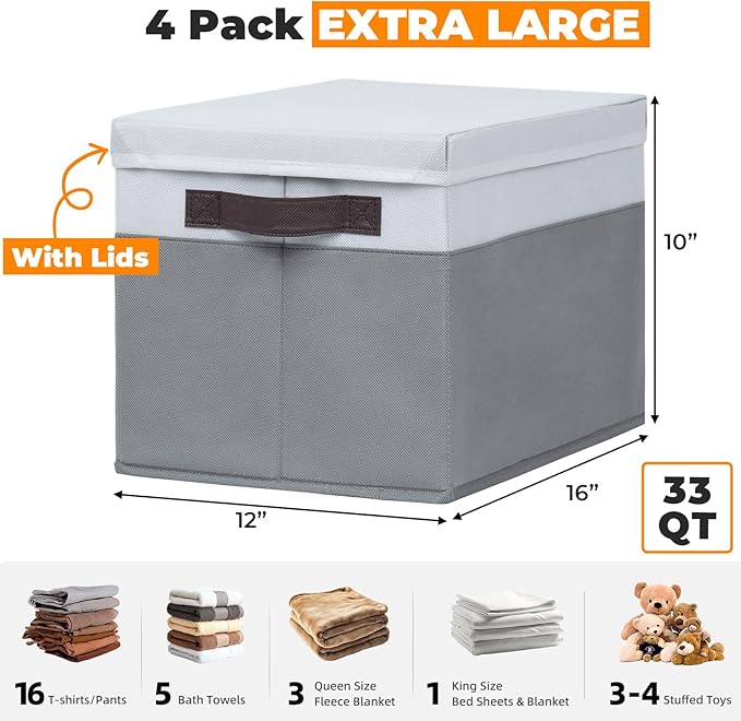Extra Large Storage Baskets with Lids 4 Pack, 33 QT Blanket Basket for Organizing/ Stackable Decorative Closet Organizers and Storage Box for Clothes Towels/ Toy Organizers Bins with Handles/ 16x12