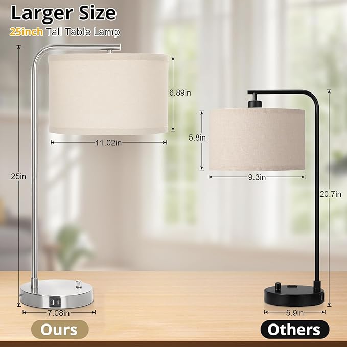 Table Lamp for Living Room, Modern Bedside Lamp with USB C+A Ports, Fully Dimmable Nightstand Lamp with Beige Drum Shade, Silver Finish Side Table Lamp for Bedroom Office, 3000K LED Bulb Included