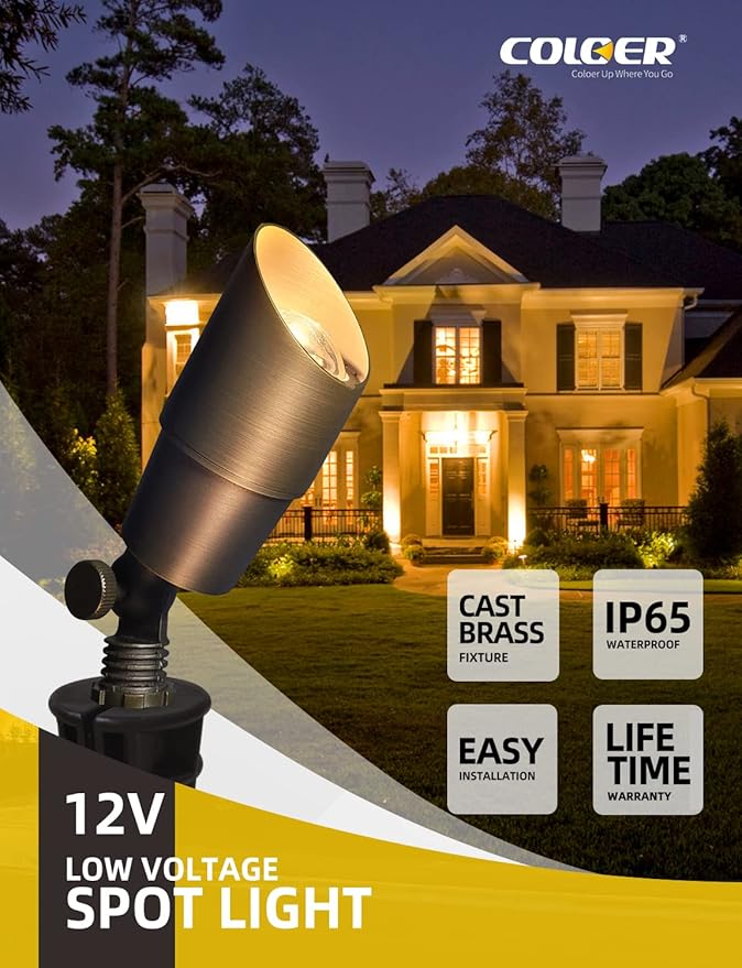 COLOER Die-cast Brass Outdoor Spot Lights for Yard, 12V AC/DC Low Voltage Landscape Lighting Kit, IP65 Waterproof Backyard Outdoor Directional Uplight(101B,Bronze,10-Pack Without Bulb)