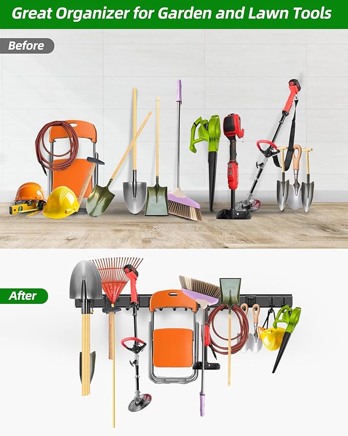 64 inches Garage Tool Organizer Wall Mount, Heavy Duty Garden Tool Organizer Rack, Hanging Storage Organization Racks Holder with 10 Hooks, for Lawn Tools, Shovel, Shed