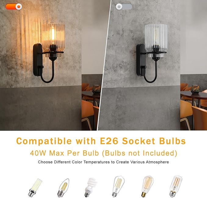 Bathroom Wall Sconce, Black Vanity Light Fixture, Indoor Modern Wall Lamp with Clear Glass Shade Farmhouse Sconce for Living Rooms, Bedrooms, Stairwell and Hallway