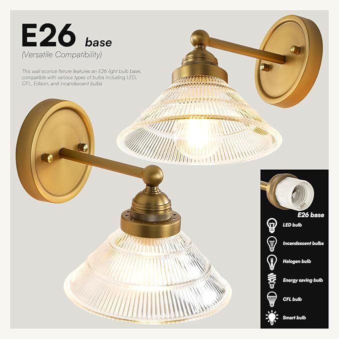 Vintage 1-Light Wall Sconce with Clear Ribbed Glass Shade, Industrial Hardwired Wall Light Fixture for Bedside Living Room Vanity Bathroom Hallway