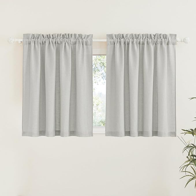 RYB HOME Half Window Curtains - Linen Texture Sheer Tiers Simitransparent Sheer Curtains for Bedroom Kitchen Sunlight Filter Diffuse Glare, Grey, 52 inch Wide x 36 inches Long, 2 Pieces