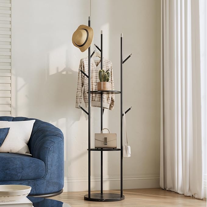 metal Coat Rack whit Marble base,heavy duty coat hanger Stand, Freestanding Coat Racks with 3 Shelves and 9 Hooks,Coat Tree for Entryway, Bedroom, Coats, Bags,purse,Sturdy and Easy to Assemble