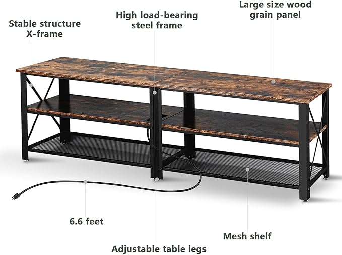 Clikuutory Modern Brown 63 inch Metal TV Stand with LED Lights and Power Outlets for 40 50 55 60 65 70 Inch TVs, 3 Tier Television Stands with Entertainment Center and Storage for Living Room, Bedroom