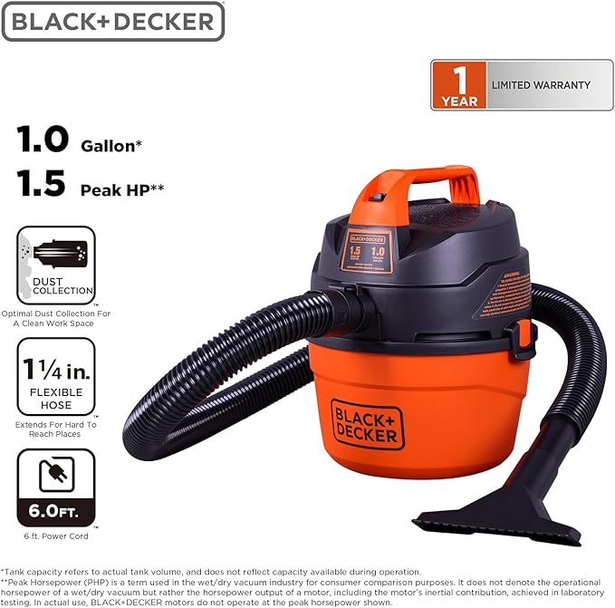 BLACK+DECKER Shop Vacuum Wet and Dry, Small Shop Vac with Accessories, 1 Gallon 1.5 Peak HP, Wall Mount Mini Vacuum for Garage, Home and Pet, 60CFM (BDXV18101P-1H)