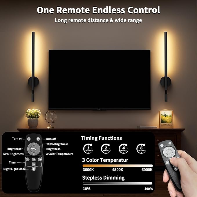 Rechargeable Wall Sconce with Reading Spotlight: Battery Operated Wireless LED Wall Light with Remote Indoor Modern Decor for Living Room Bedroom Stairwell Lighting Black