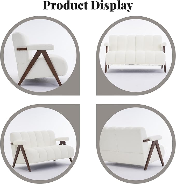 Mid Century Modern Accent Chair Loveseat Sofa with Solid Wood Frame, Boucle Upholstered Living Room Chairs with Thick Cushion, Comfy Tufted Arm Chair for Bedroom, Ivory