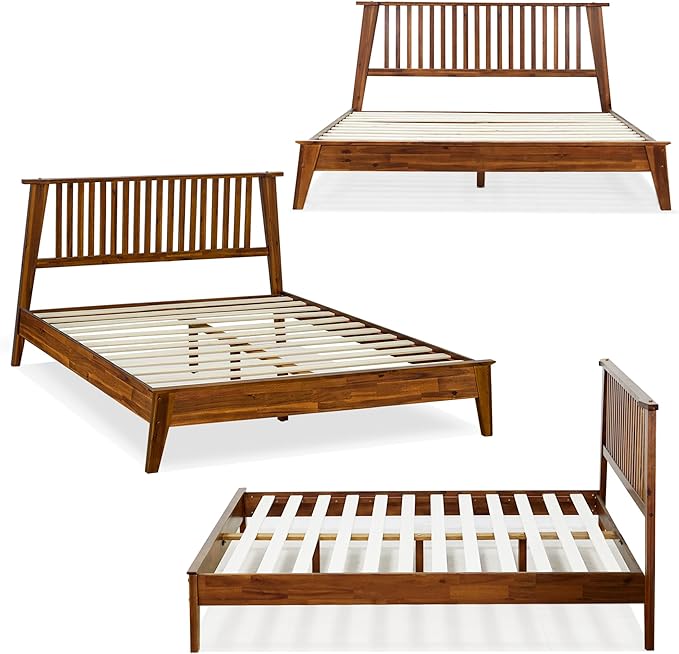 Acacia Kaylin Bed Frame with Headboard Solid Wood Platform Bed, King Bed Frame, Themed Headboard Wood Bed Compatible with All Mattress Types, No Box Spring Needed, Quick & Easy Assembly, Caramel.