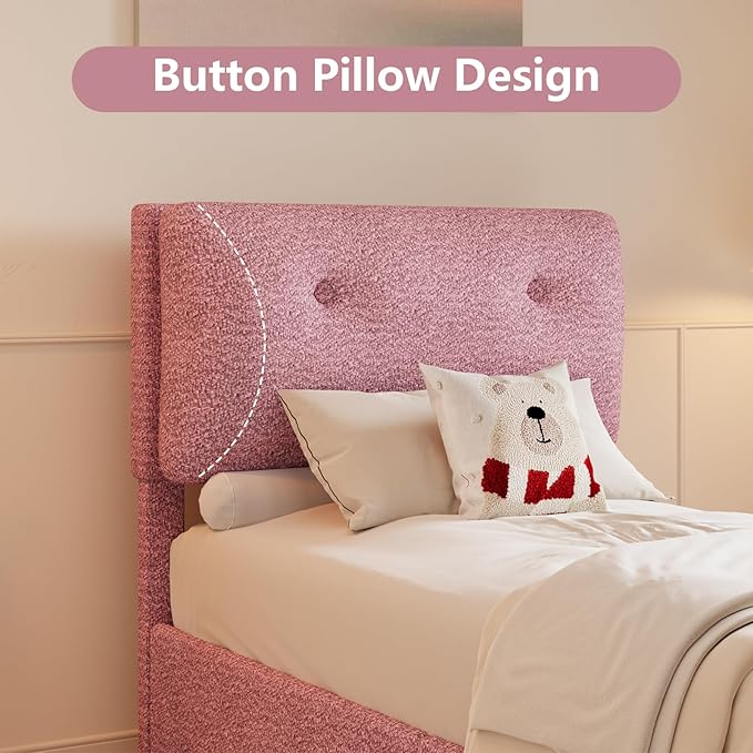 Twin Bed Frames,Breathable Boucle Fabric Upholstered Bed Frame Twin with Headboard,Removable and Washable,Wood Slat Support,No Box Spring Needed,Easy Assembly,Cama Individual,Pink