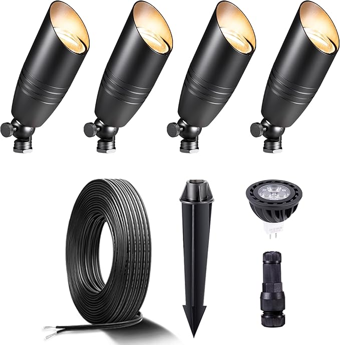Black Brass Landscape Lighting Kit (4-Pack LED Spotlights) with 100 Feet Cable and 20Pack Wire Connectors for Outdoor House Garden Patio Without Low Voltage Transformer