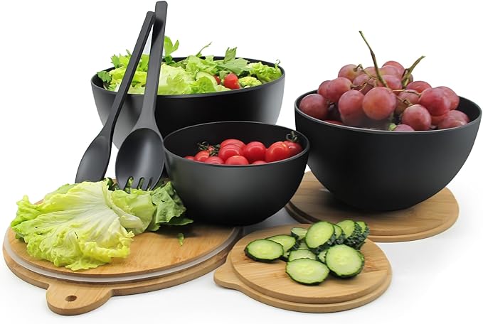 Salad Bowls Set of 3 with Seal Lid & Serving Utensils, Bamboo Fiber Mixing Bowls Set Large Serving Bowls & Storage Set with Bamboo Lid for Salad, Kitchen Eating, Pasta, Popcorn, Fruit, Black
