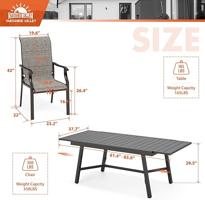 7 Piece Outdoor Dining Set for 6, 61.4"x37.4"x29.5" Rectangular Extendable Dining Table and 6 Textilene Patio Dining Chairs Outdoor Table and Chairs for Patio Lawn Garden Deck Backyard