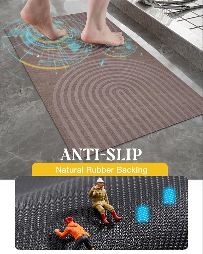 MontVoo -Bath Mat-Non Slip Thin Bathroom Rugs Fit Under Door- Quick Dry Absorbent Faux Suede Surface Grey Bathroom Floor Mats-Shower Rug for in Front of Bathtub Shower Brown Arched 17x59