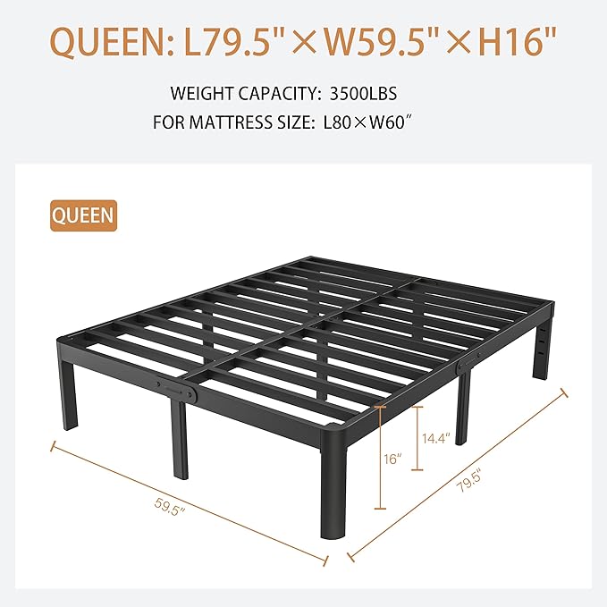 Queen Size Bed Frame Black, 16 Inch Metal Queen Bed Frame No Box Spring Needed, DIY Headboard Holes, Heavy Duty Steel Support 3500 LBS, Noiseless, Round Corner Leg, Storage Space, Easy Assembly
