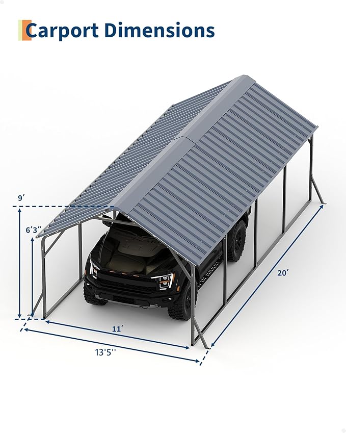 11'x20'x9' Vertical Roof Metal Carport, Heavy Duty Steel Car Ports for All-Weather, for Full-Size Pickup Trucks, Boats, and Tractors