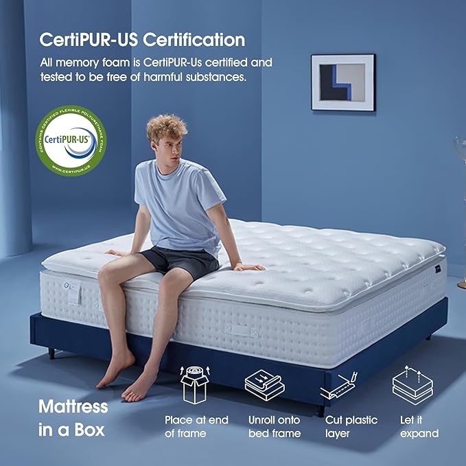 14 Inch Queen Size Mattress, Medium Firm Hybrid Bed with Tencel Cooling Cover, Gel Memory Foam, Dual Pocket Springs, Pressure Relief, Motion Isolation, CertiPUR-US Certified, No Fiberglass