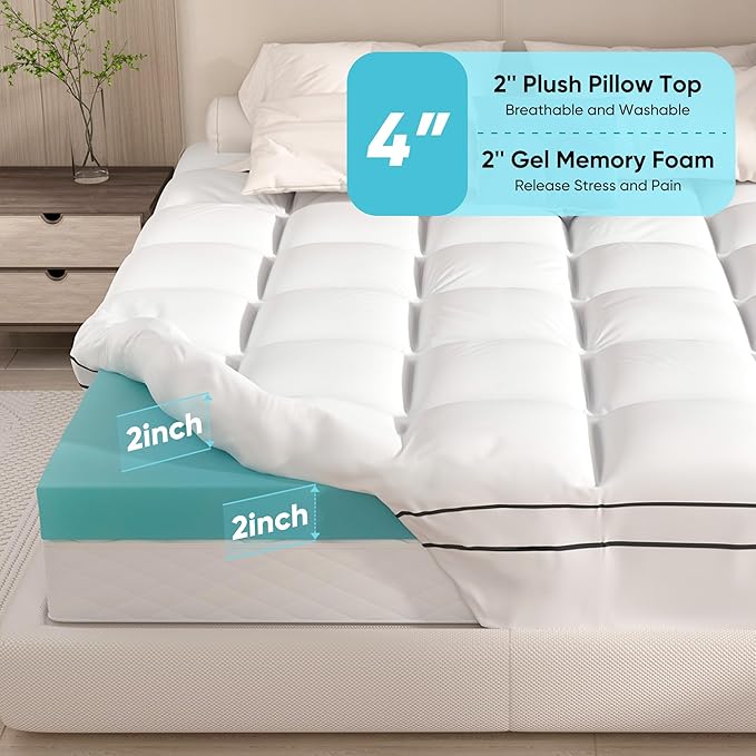 Memory Foam Mattress Topper California King Size, Dual Layer 4 Inch Mattress Pad,2 Inch Gel Memory Foam Plus 2 Inch Pillow Top Cover with 8-21 Inch Deep Pocket