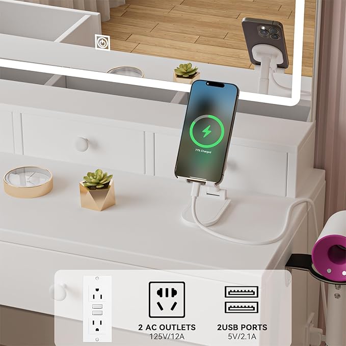 Makeup Vanity Desk with Mirror and Led Lights,Makeup Desk with Lights 3 Colors,Makeup Vanity with 5 Drawers&3 Shelves, Vanity Table with Stool and Power Outlet, Vanity Set for Bedroom,White