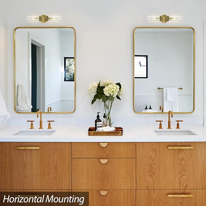 2-Light Brass Knurled Wall Sconces, Glass Sconces Wall Lighting indoor, Gold Bathroom Vanity Light Sconces, Wall Lights for Living Room Bedroom Hallway Kitchen Bathroom Mirror, Including Bulb