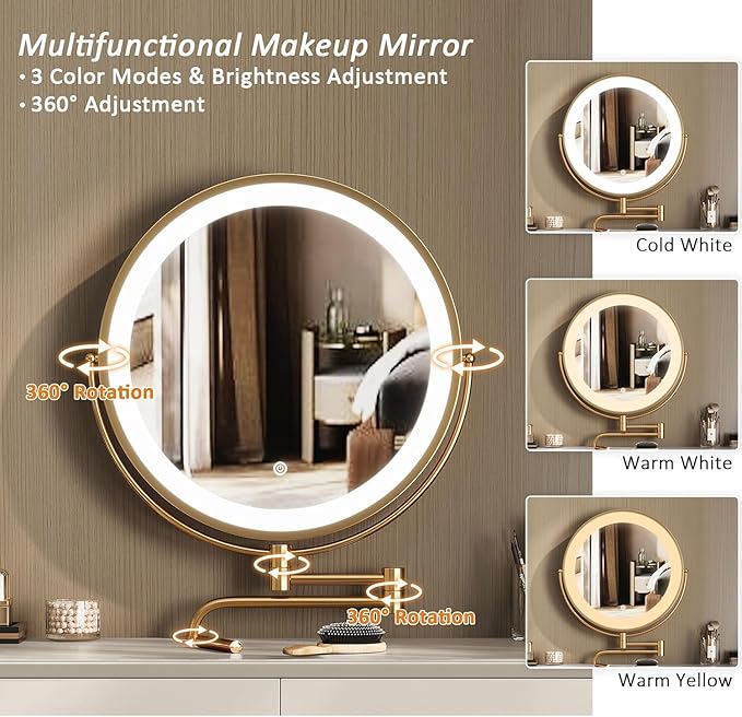 IKuinen Makeup Vanity Desk with Mirror and Lights, Small Vanity Table with 2 Drawers, Stool, Vanity Set for Bedroom with Leather, 3 Lighting Modes - 47.2In Beige