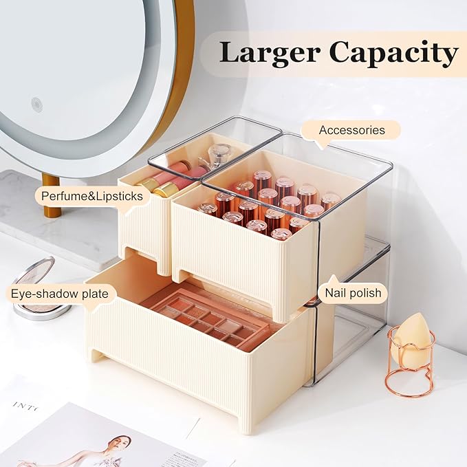 Stackable Makeup Organizer, 3 Pack Plastic Drawer Storage with Handle for Vanity Bathroom Countertop, Cream