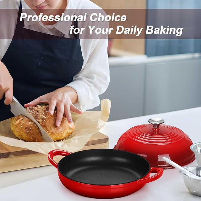 TeamFar Cast Iron Bread Dutch Oven, 6 Qt Enameled Dutch Oven Pot for Sourdough Bread Baking, with Tall Dome Lid & Round Base Pan, Self-Basting & Even-Heating, Heavy-Duty & Non-stick, Red