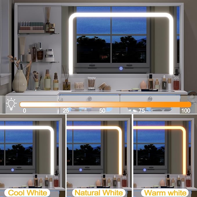 Vanity Desk with Mirror and Lights, 43" Big Modern Vanity Desk, Transparent Top Vanity with 2 RGB Drawers, with Power Outlet & Stool, Modern Ample Storage Dressing Table, White