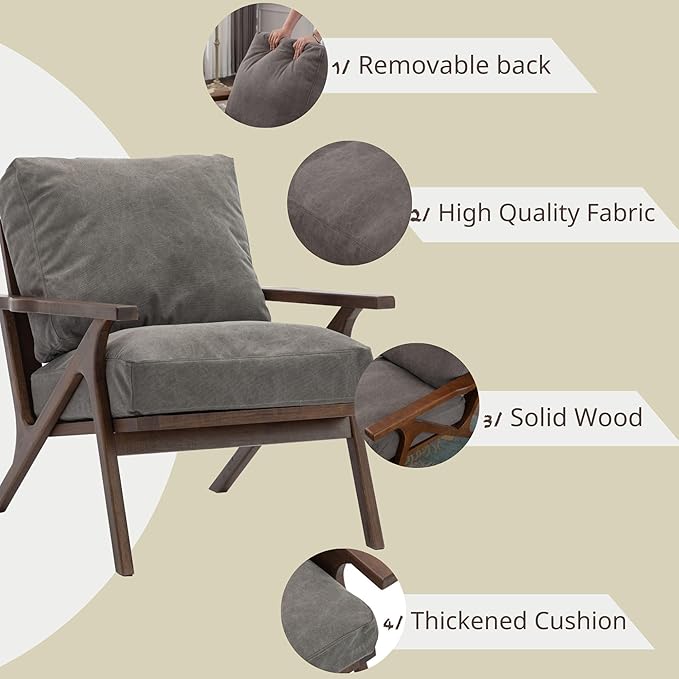 Wahson Set of 2 Mid Century Chair, Retro Upholstered Accent Armchairs, with Wood Frame and Removable Canvas Cushions, Large Leisure Slipper Chair for Living Room/Bedroom, Grey