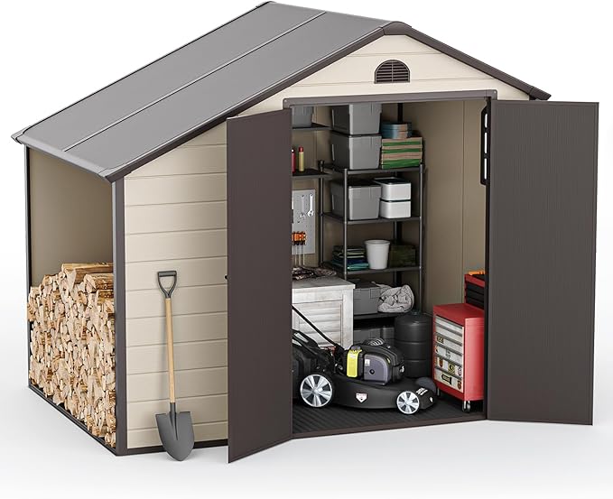 8.5 ft. W x 6.3 ft. D Resin Outdoor Patio Storage Shed with Firewood Rack, Floor and Lockable Door