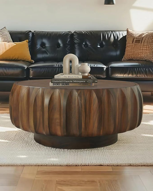 31.5" Drum Coffee Table Modern Unique Fluted Tea Table Contemporary Wood Round Coffee Table with Fluted Centry Table for Living Room Walnut