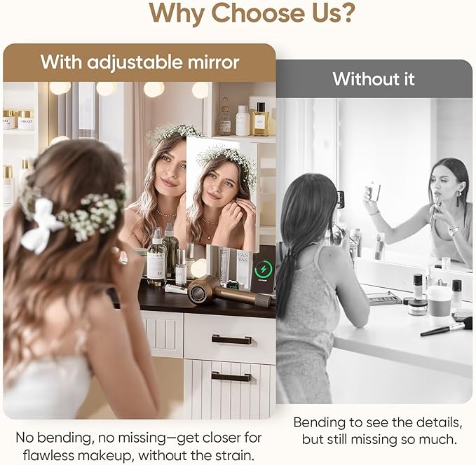 Makeup Vanity Desk with Adjustable Mirror & Rolling Cart, White Vanity Table with LED Light Bulbs, 3 Lighting Modes, Power Strip, Ambient Light & 6 Storage Drawers