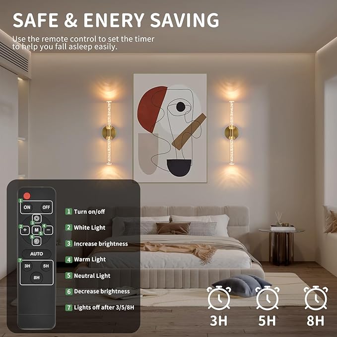 Battery Operated Wall Sconces Set of Two, Gold 20'' Rechargeable Crystal Bubble Wall Sconce with Remote Control, 3000K-6000K Dimmable LED Wireless Wall Lights for Living Room Bedroom Bathroom Hallway