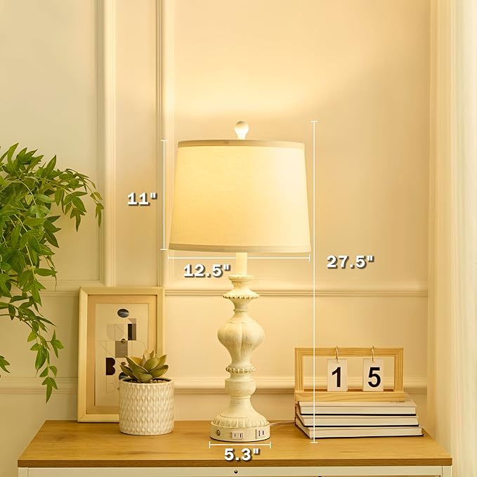 27.5" Farmhouse Table Lamps Set of 2 Bedside Nightstand Lamp with USB C+A Ports & AC Outlet, 3 Way Dimmable Touch Lamps for Bedroom Living Room Office Rustic Lamp (White Gold)